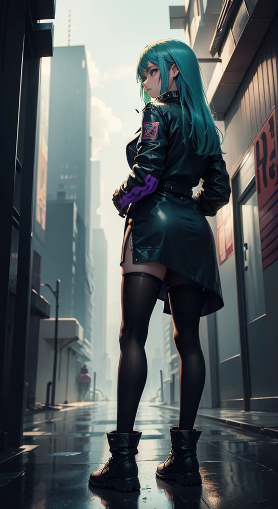 manga style, 1 character facing forward leaning against wall crossed arms, 1 character back towards viewer looking over shoulder, far from viewer, female, girl, blue green hair, purple eyes, long hair, anatomically correct, full body image, beautiful body, bodysuit, trenchcoat, alleyway with red neon graffiti, heavy rainfall, soaking wet clothing and hair, dystopian cyberpunk city, drop shadow, film grain, vignetting, silhouette,