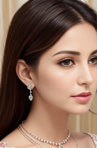 Lebanese woman, diamond dangling earrings, necklace, bracelets, small breasts, 40 years old, innocent face, floral dress, sophisticated fabric