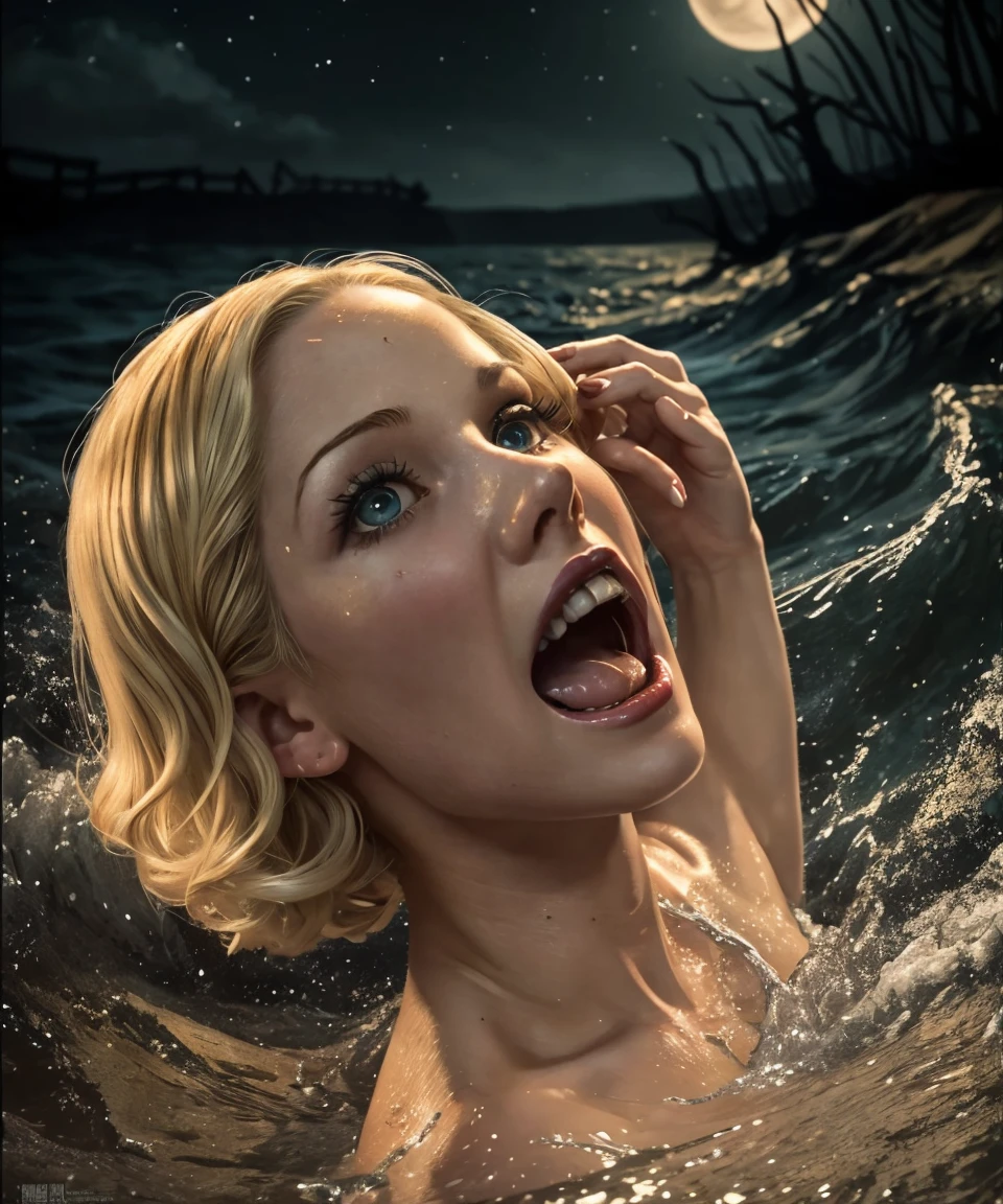 1930s, full nude Blonde American Woman、Run away, Screaming in surprise and fear、Hyper-realistic、Detailed face and skin、Horror movie poster style,、The Coast of the Spooky Night、Super Real、master piece
