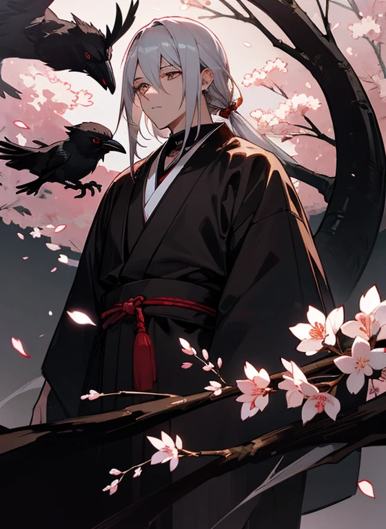 gray hair、white eyes、brown skin、one person、male、dark atmosphere、Cherry blossoms at night、Japanese style、Crow、black snake