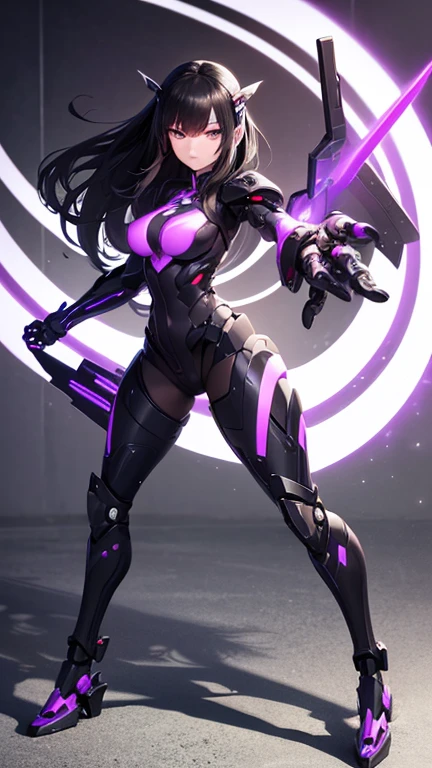 mechanical foot, black and purple eyes, breast, long black hair, Cyborg, mech, full body, mechanical arms, holding a katana, (detailed hands and fingers)