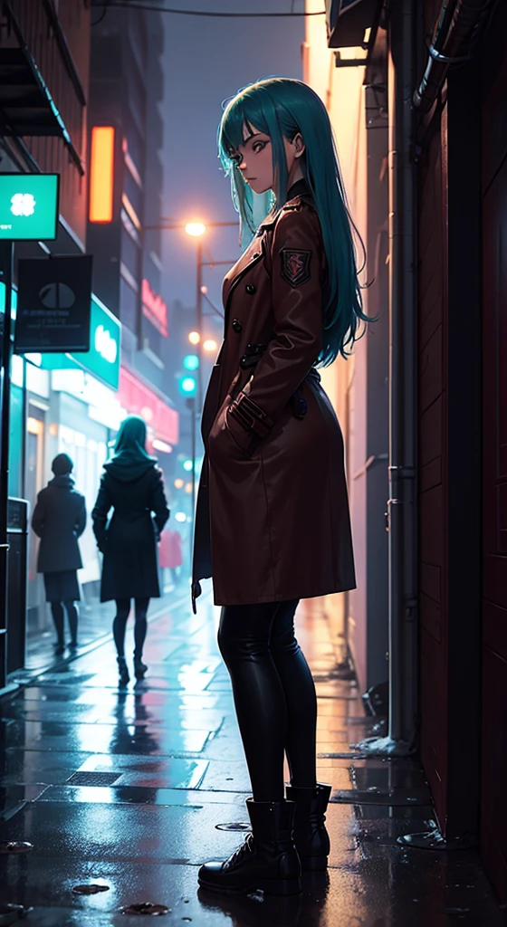manga style, 2 characters, 1 14 year old female character facing forward leaning against wall crossed arms, 1 22 year old woman character back towards viewer looking over shoulder, far from viewer, female, girl, blue green hair, purple eyes, long hair, anatomically correct, full body image, beautiful body, naked, trenchcoat, alleyway with red neon graffiti, heavy rainfall, soaking wet clothing and hair, dystopian cyberpunk city, drop shadow, film grain, vignetting, silhouette,