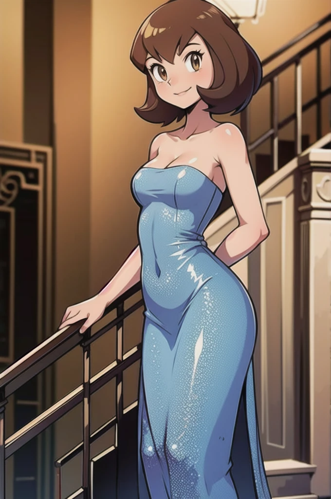 Bianca (pokemon heroes), 1 girl, brown hair, brown eyes, Bare Neck, Bare Arms, Bare Shoulders, Sequin Dress, Blue Sequin Strapless Maxi Dress Long Skirt, Royal Ballroom Background, staircases, light smile, intricate details, sharp focus, high resolution, standing up