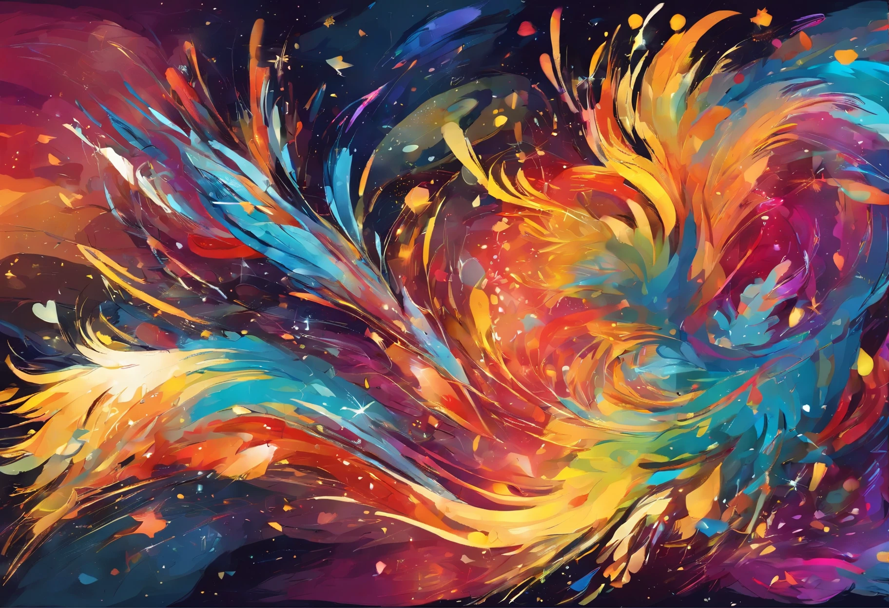 Brilliant flying fireworks，A visual feast blooming on a dark background。The mysterious sky represented by oil painting art，wild and，The soul is struck in it。The picture is full of passion and struggle，High details reveal the creative exploration of abstract souls。Immerse yourself in it，Experience a wonderful and dark world。