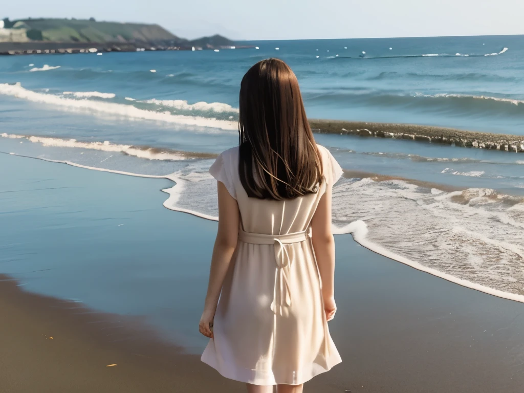 Japanese、woman、one person、20th generation、brown hair、Being at the seaside,Other shots,The background is the sea、backwards,I can&#39;t see your face,womanは小さく写っている,Wear a dress、70% background、、long