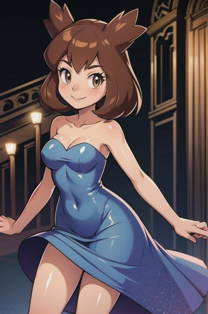 Bianca (pokemon heroes), 1 girl, brown hair, brown eyes, Bare Neck, Bare Arms, Bare Shoulders, Sequin Dress, Blue Sequin Strapless Maxi Dress Long Skirt, Royal Ballroom Background, staircases, light smile, intricate details, sharp focus, high resolution, standing up