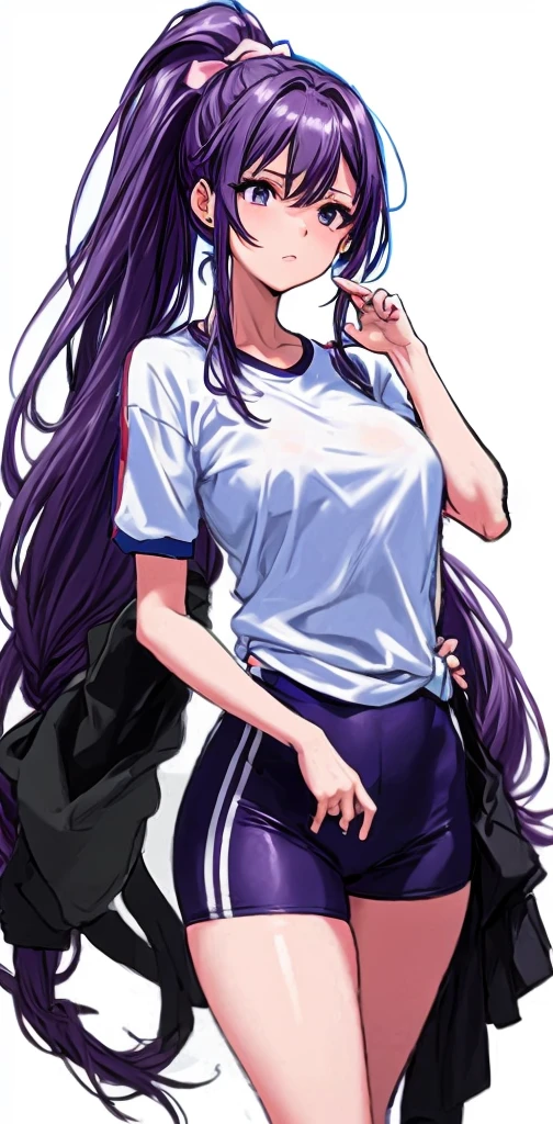 A beautiful woman with a mature face and long wisteria-purple hair tied in a ponytail with a pale pink ribbon.。White gym clothes。dark blue buruma。glaring。school playground。