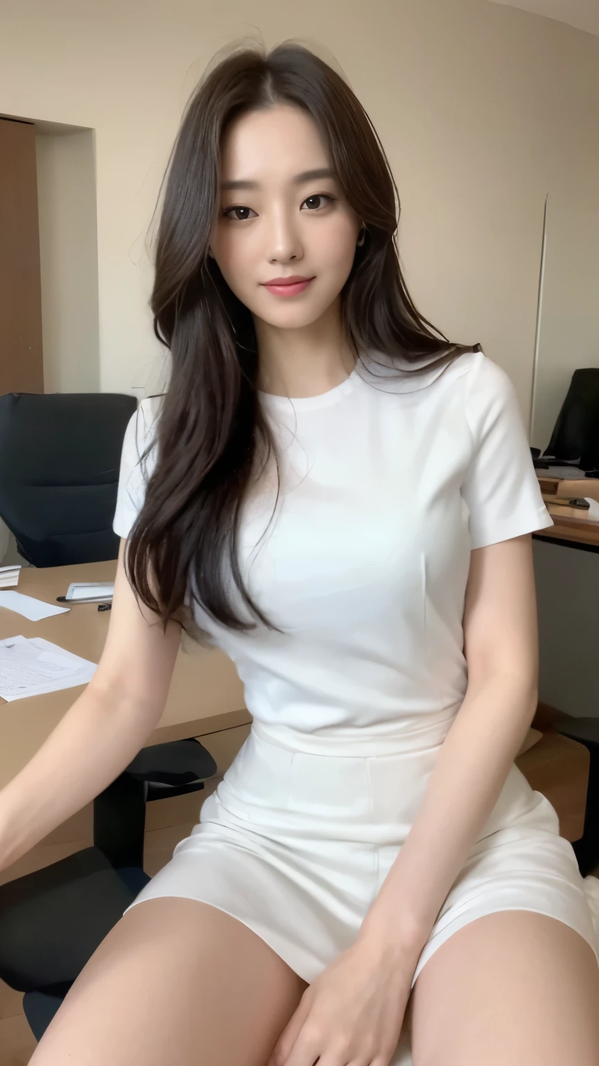 ((top-quality、8k、​masterpiece:1.3))、Beautiful woman with perfect body:1.4、slim abdomen:1.2、Longhair, normal breast, Highly detailed facial and skin texture, A detailed eye, (smile), (full body shot), ((mordern office)), (sitting on the chair), (((wearing white office uniform), looking in front