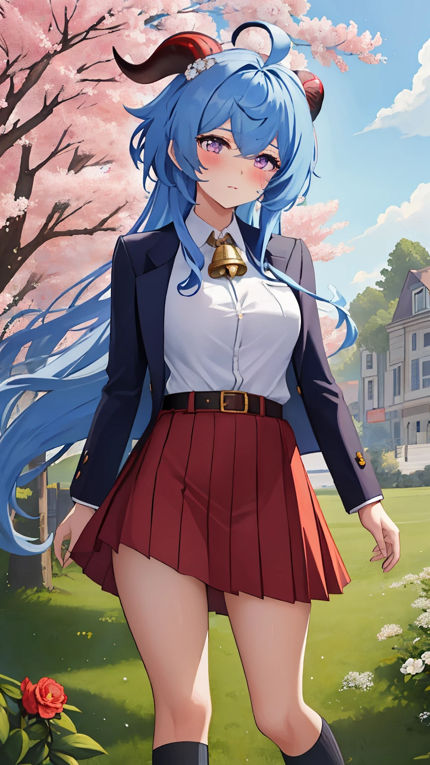 blue_hair, long_hair, bangs, horns, purple_eyes, ahoge, breasts, blush, goat_horns, sidelocks, bell, medium_breasts, large_breasts, neck_bell, ((masterpiece)), (Professional Photography:1.2), camelliamix, from above, flat body, Beautiful flowers bloom, (sparkles), (There is a blooming camellia)，standing under a tree, (head looking up), Look at the tree, Natural soft light, macaron, Still ethereal, Crisp and smooth lines, radiant morning light, soft luminescent glow, (((school uniform, jacket, gather belt)))