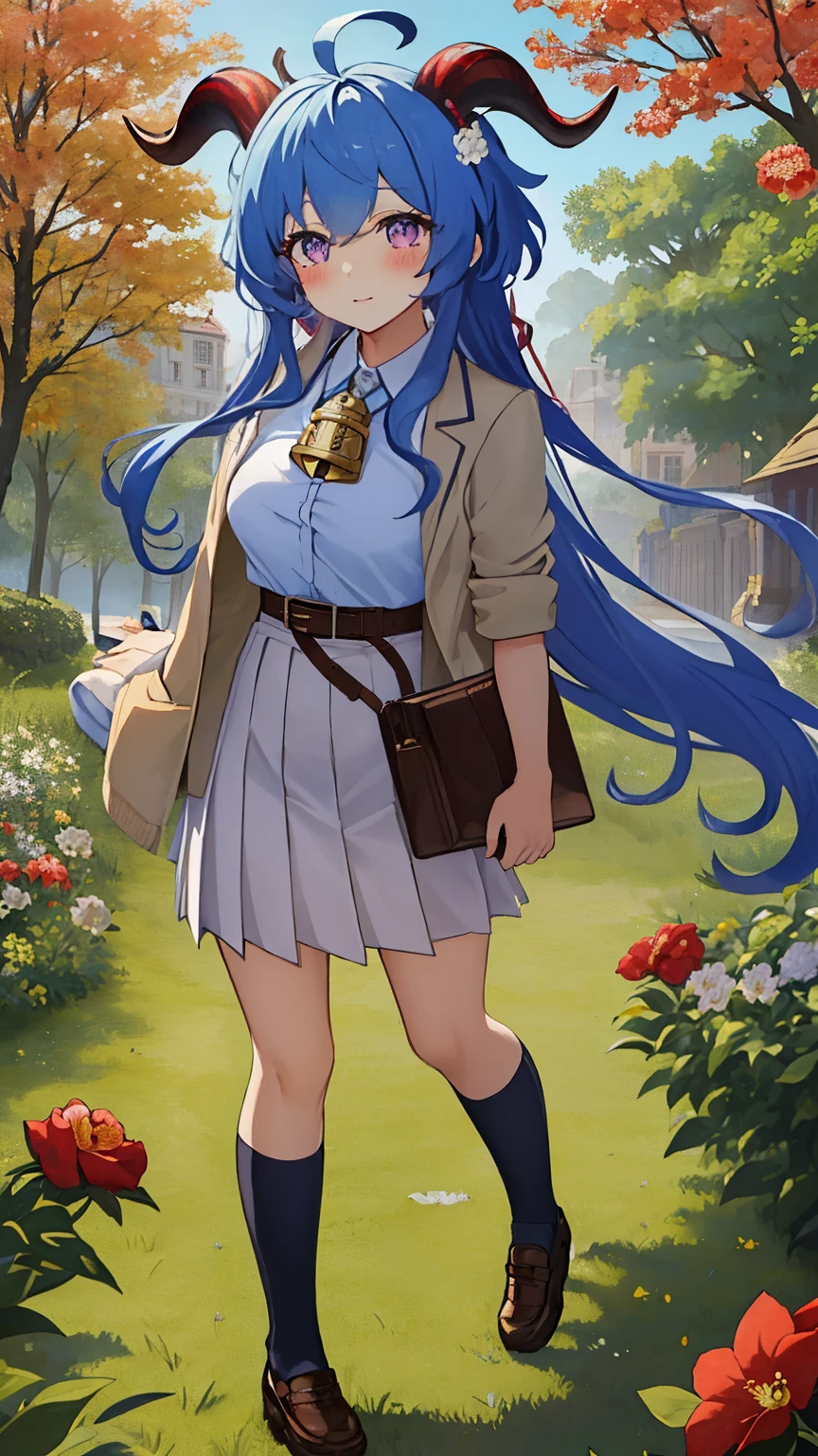 blue_hair, long_hair, bangs, horns, purple_eyes, ahoge, breasts, blush, goat_horns, sidelocks, bell, medium_breasts, large_breasts, neck_bell, ((masterpiece)), (Professional Photography:1.2), camelliamix, from above, flat body, Beautiful flowers bloom, (sparkles), (There is a blooming camellia),standing under a tree, (head looking up), Look at the tree, Natural soft light, macaron, Still ethereal, Crisp and smooth lines, radiant morning light, soft luminescent glow, (((school uniform, jacket, gather belt)))