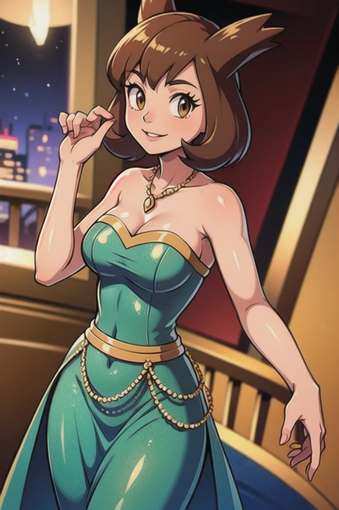 Bianca (pokemon heroes), 1 girl, brown hair, brown eyes, Bare Neck, Bare Arms, Bare Shoulders, A golden heart shape necklace, Sequin Dress, Blue Sequin Strapless Maxi Dress Long Skirt, Royal Ballroom Background, staircases, light smile, intricate details, sharp focus, high resolution, standing up