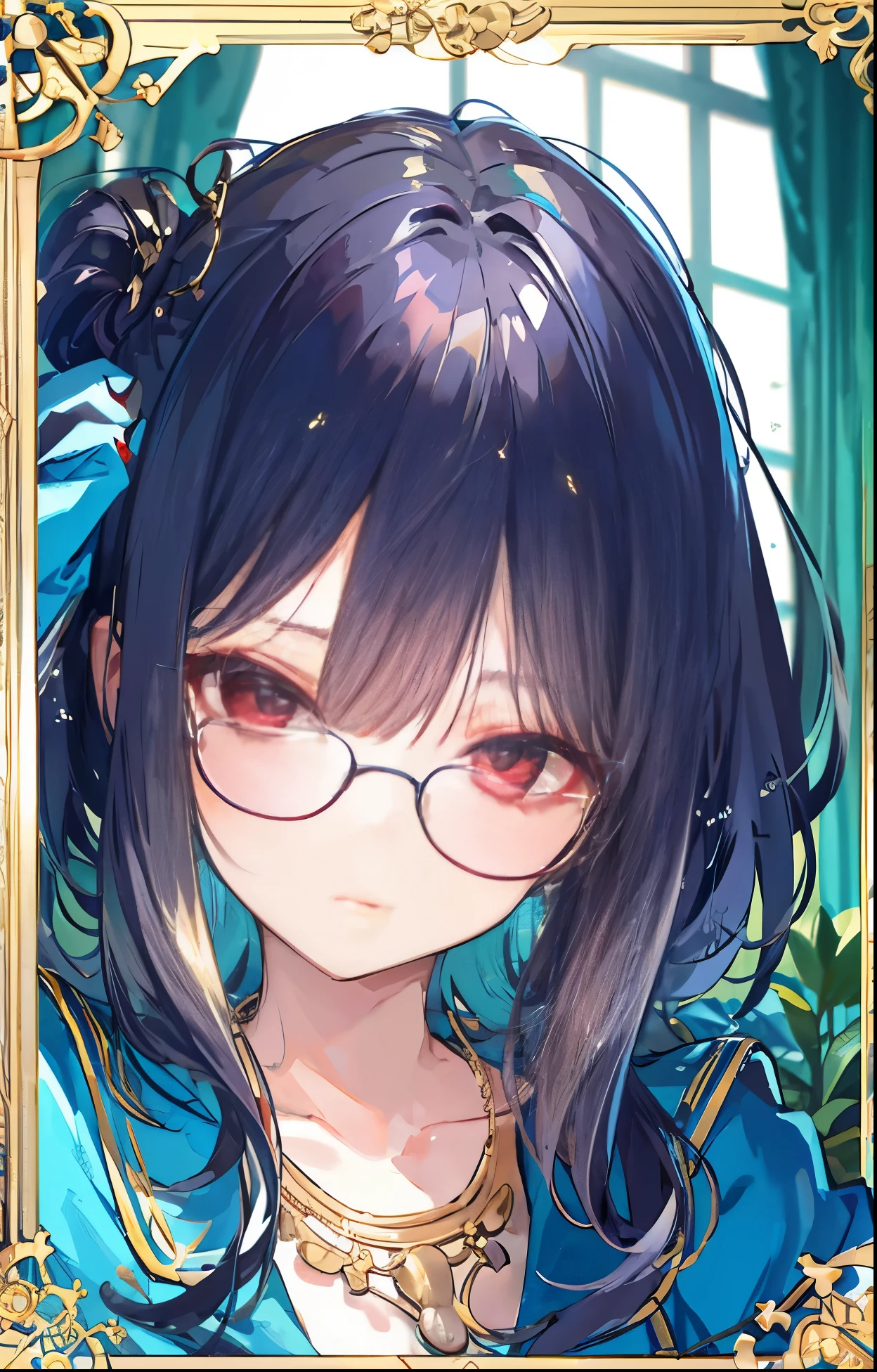 dark green curly long hair,Gold framed glasses,blue leather clothes,Silver necklace,scarlet eyes,Face is dark