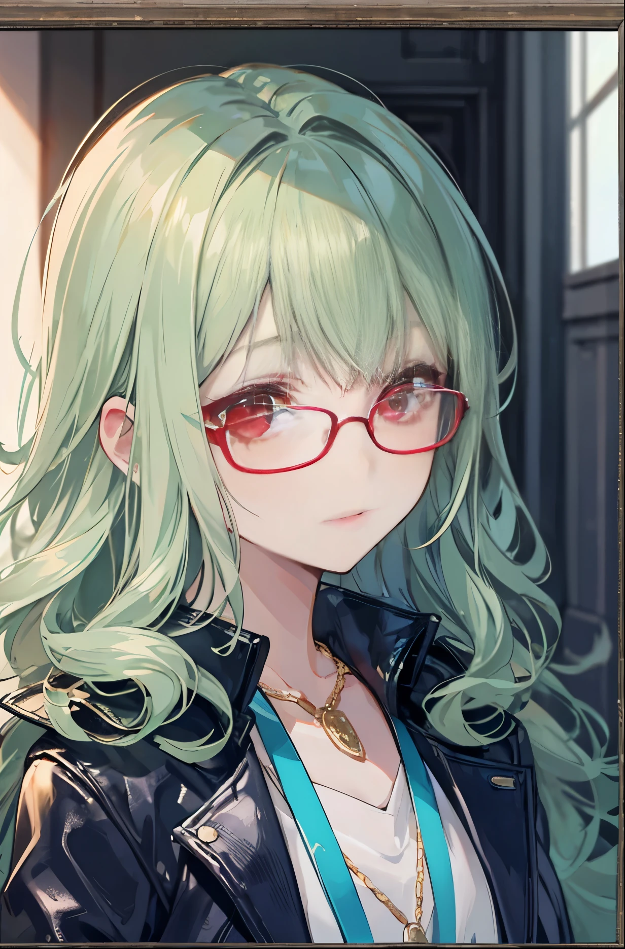 dark green curly long hair，Gold framed glasses，blue leather clothes，Silver necklace，scarlet eyes，Face is dark