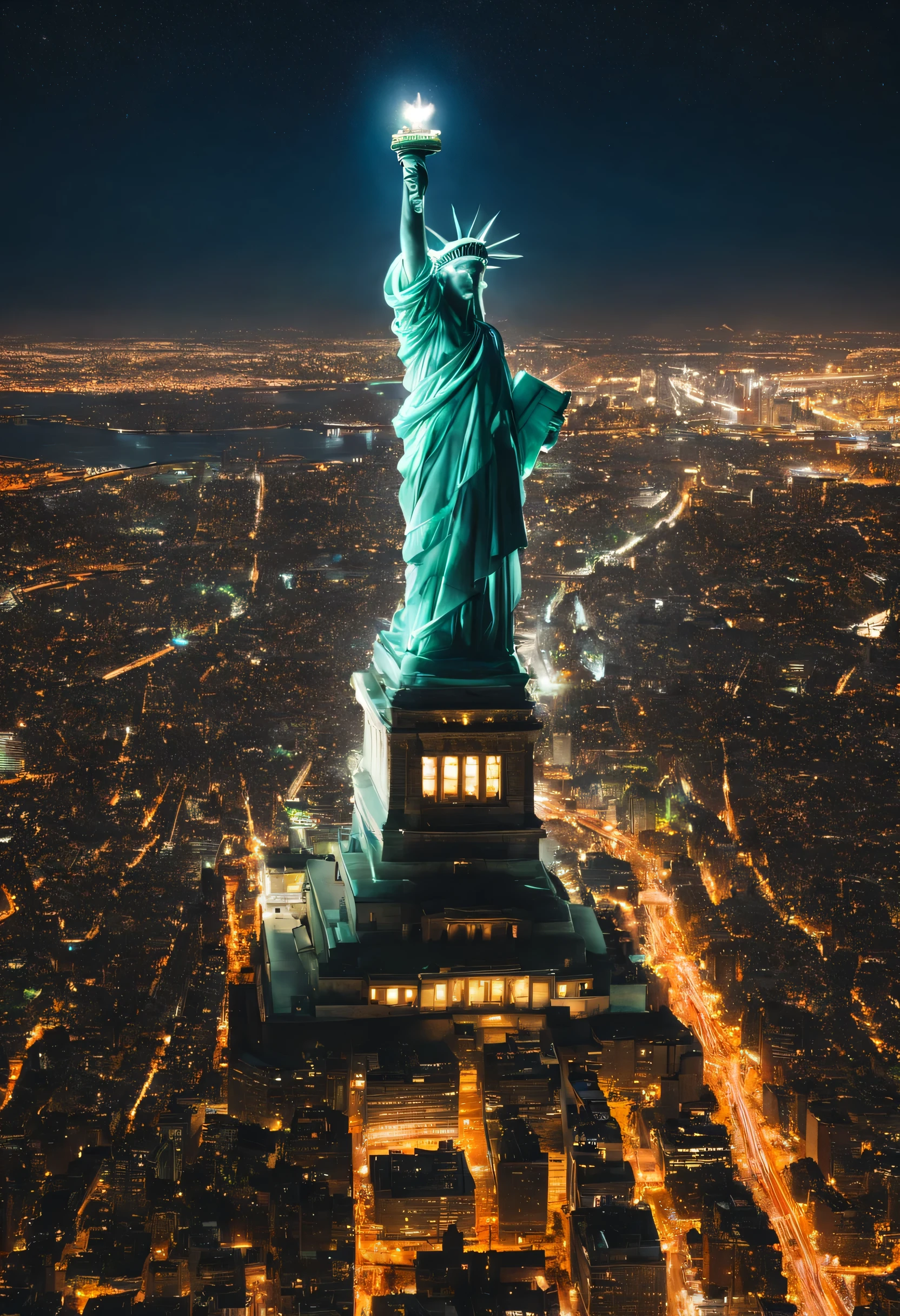 Illuminated Statue of Liberty high above the night city