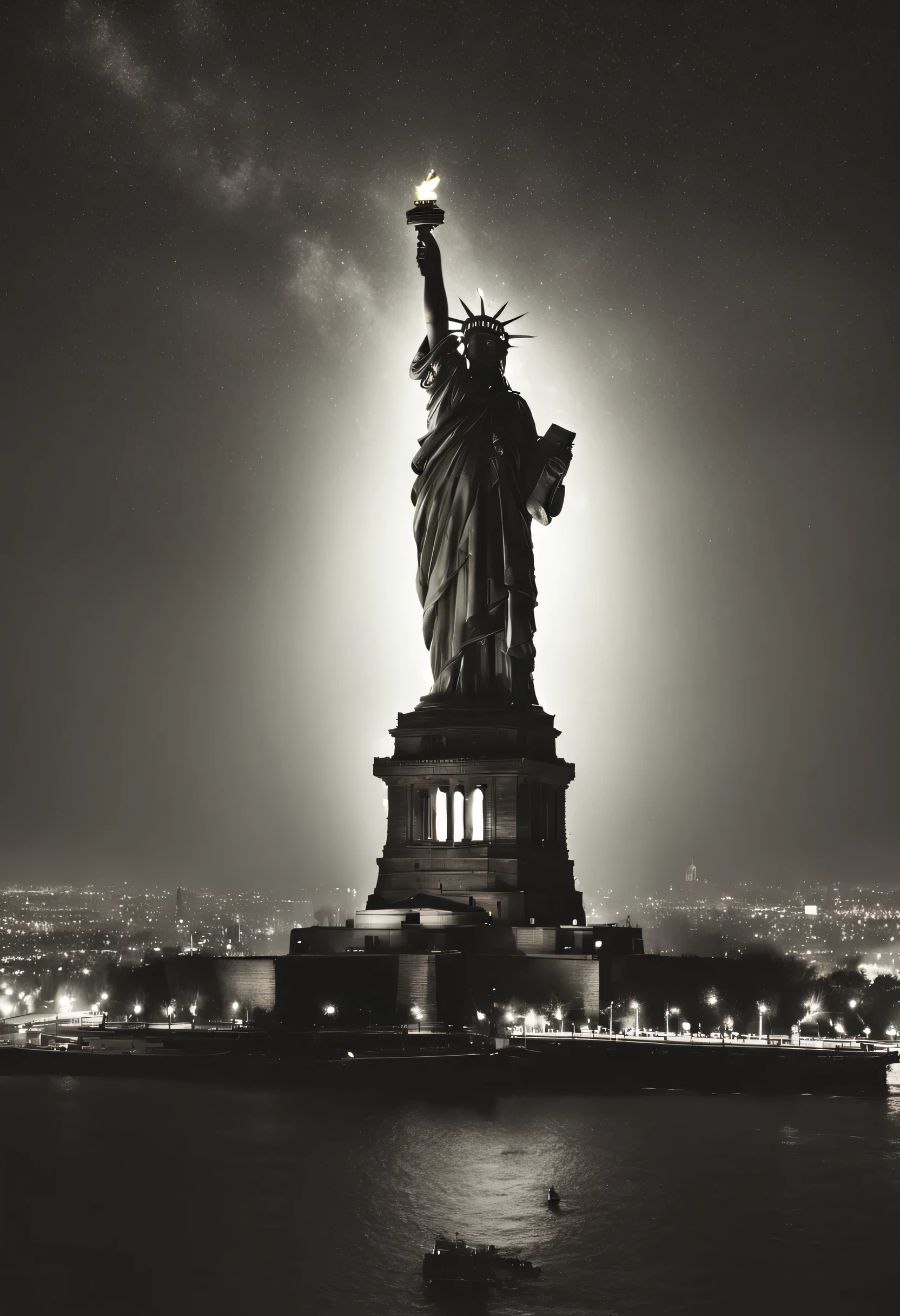 Illuminated Statue of Liberty high above the night city