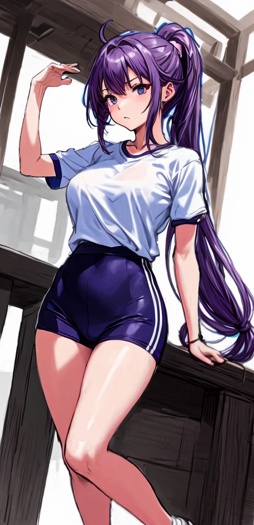 A beautiful woman with a mature face and long wisteria-purple hair tied in a ponytail with a pale pink ribbon.。White gym clothes。dark blue buruma。school playground。legs spread wide。