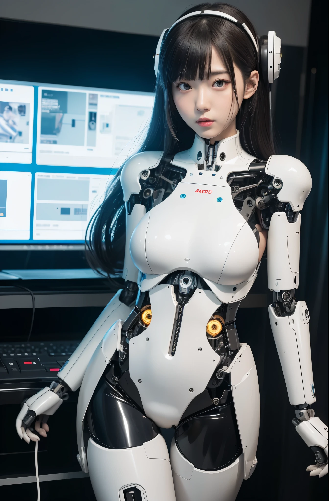masutepiece, Best Quality, Extremely detailed, 8K portrait,1girl in, Japaese android girl,Plump , announcer,control panels,android,Droid,Mechanical Hand, ,Robot arms and legs, Black hair,Mechanical body,Blunt bangs,White Robotics Parts,perfect robot woman,Charging spot,Long Tube,A thick cable was connected to her neck,ceramic body ,Mechanical body, mechanical ear covers,android,robot humanoid,a bit chubby,panty,full eyes,perfect mechanical body,white robotics body,future laboratory,android factory,mechanical ear cover,white and aqua uniform,costume with aqua accents,