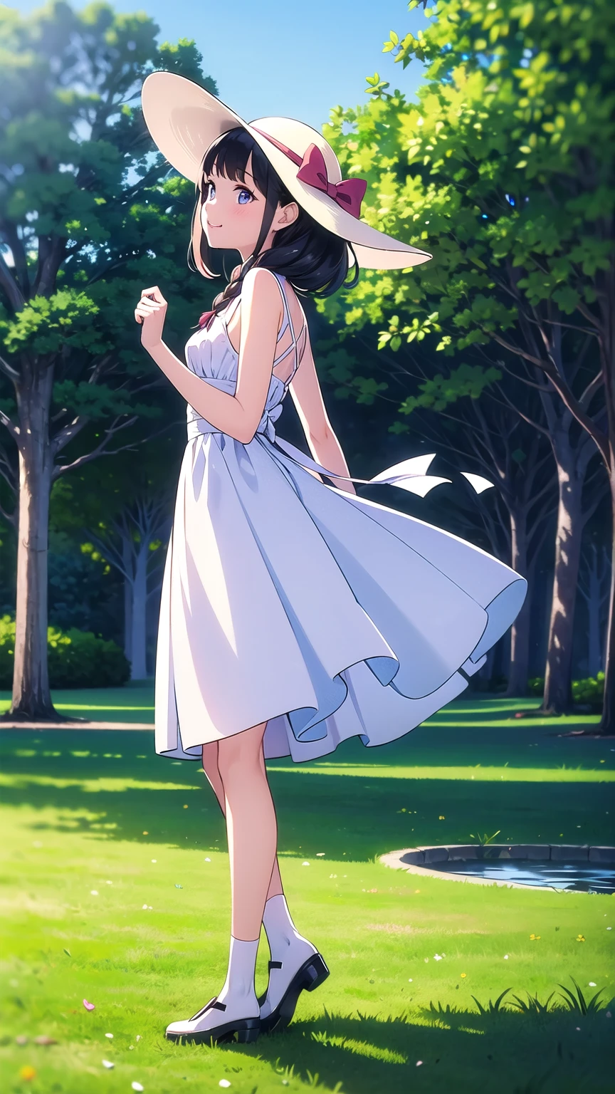 (Film portrait photography,portrait,Beautiful two-dimensional wallpapers)(Soft professional lighting,Private photos,35mm film,Vision:1.3)(-yeld culoli lookinto the distance:1.6,Wearing a long white dress blown by the wind,Refined waist-hip ratio:1.6,White and long legs:1.3,Smile,small red lips:1.4,Wearing a bow and sun hat:1.4,cute white socks:1.3,French bangs:1.4,Double braid:1.2,Standing on the lawn with hands behind back:1.6)(Bird Pond Peach Blossom Tree:1.5,The picture is very neat :1.5)