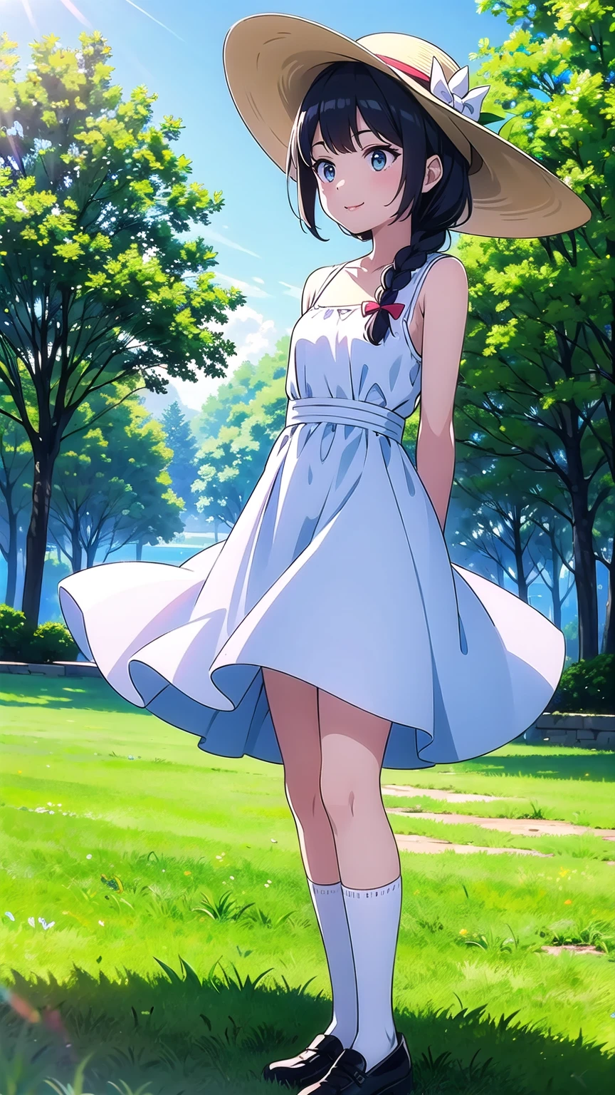 (Film portrait photography,portrait,Beautiful two-dimensional wallpapers)(Soft professional lighting,Private photos,35mm film,Vision:1.3)(15-year-old cute looks into the distance:1.6,Wearing a long white dress blown by the wind,Refined waist-hip ratio:1.6,White and long legs:1.3,Smile,small red lips:1.4,Wearing a bow and sun hat:1.4,cute white socks:1.3,French bangs:1.4,Double braid:1.2,Standing on the lawn with hands behind back:1.6)(Bird Pond Peach Blossom Tree:1.5,The picture is very neat :1.5)