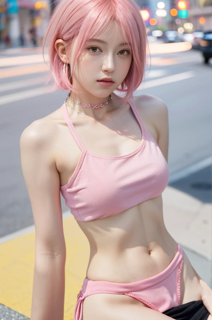 woman with pink hair and a pink top, pink wispy hair, cute girl with short pink hair, glowing pink face, light pink hair and a black top is sitting on a city street with a traffic light in the background, Artgerm, anime art, cyberpunk art, photorealism, 1girl, bangs, bare_shoulders, black_choker, medium breasts, bridge, building, choker, city, cityscape, crop_top, jewelry, looking_at_viewer, makeup, midriff, navel, necklace, pink_hair, short_hair, side-tie_panties, sitting, skirt, skyscraper, solo, tank_top