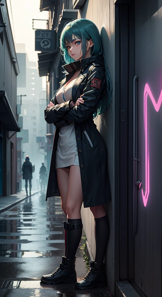 Anime style, 14 year old female facing forward leaning against wall crossed arms, 22 year old woman back towards viewer looking over shoulder, far from viewer, blue green hair, purple eyes, long hair, anatomically correct, full body image, beautiful body, naked, alleyway with red neon graffiti, heavy rainfall, soaking wet clothing and hair, dystopian cyberpunk city, drop shadow, film grain, vignetting, silhouette,