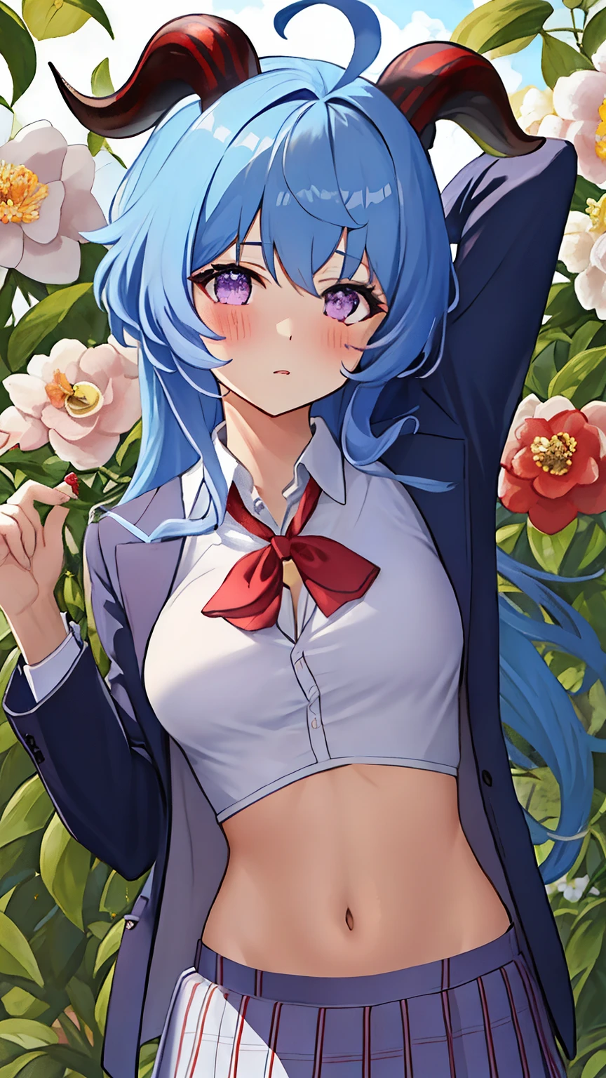 blue_hair, long_hair, bangs, horns, purple_eyes, ahoge, breasts, blush, goat_horns, sidelocks, bell, medium_breasts, large_breasts, neck_bell, ((masterpiece)), (Professional Photography:1.2), camelliamix, from above, flat body, Beautiful flowers bloom, (sparkles), (There is a blooming camellia)，standing under a tree, (head looking up), Look at the tree, Natural soft light, macaron, Still ethereal, Crisp and smooth lines, radiant morning light, soft luminescent glow, (((school uniform, jacket, navel))), sleeveless