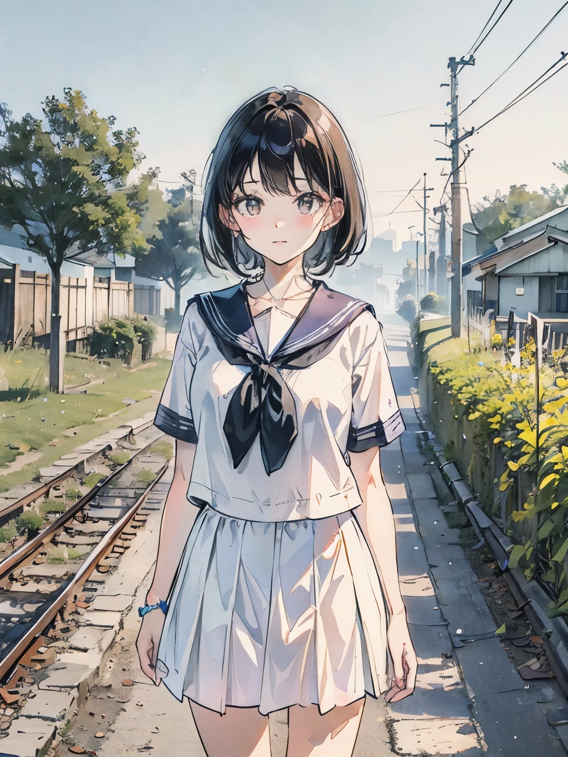 Close-up of a girl in a sailor suit with short black hair、Stand in front of a railroad crossing、Gravure style、white skirt、Summer in Japan、nostalgic、

