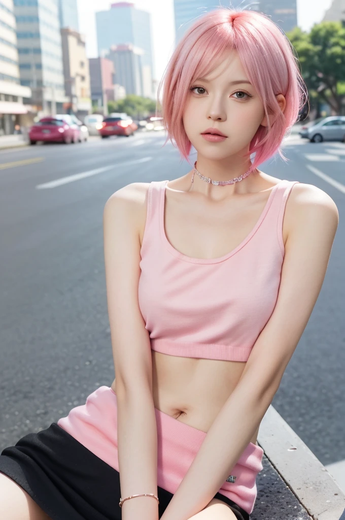 woman with pink hair and a pink top, pink wispy hair, cute girl with short pink hair, glowing pink face, light pink hair and a black top is sitting on a city street with a traffic light in the background, Artgerm, anime art, cyberpunk art, photorealism, 1girl, bangs, bare_shoulders, black_choker, size C breasts, bridge, building, choker, city, cityscape, crop_top, jewelry, looking_at_viewer, makeup, midriff, navel, necklace, pink_hair, short_hair, side-tie_panties, sitting, skirt, skyscraper, solo, tank_top