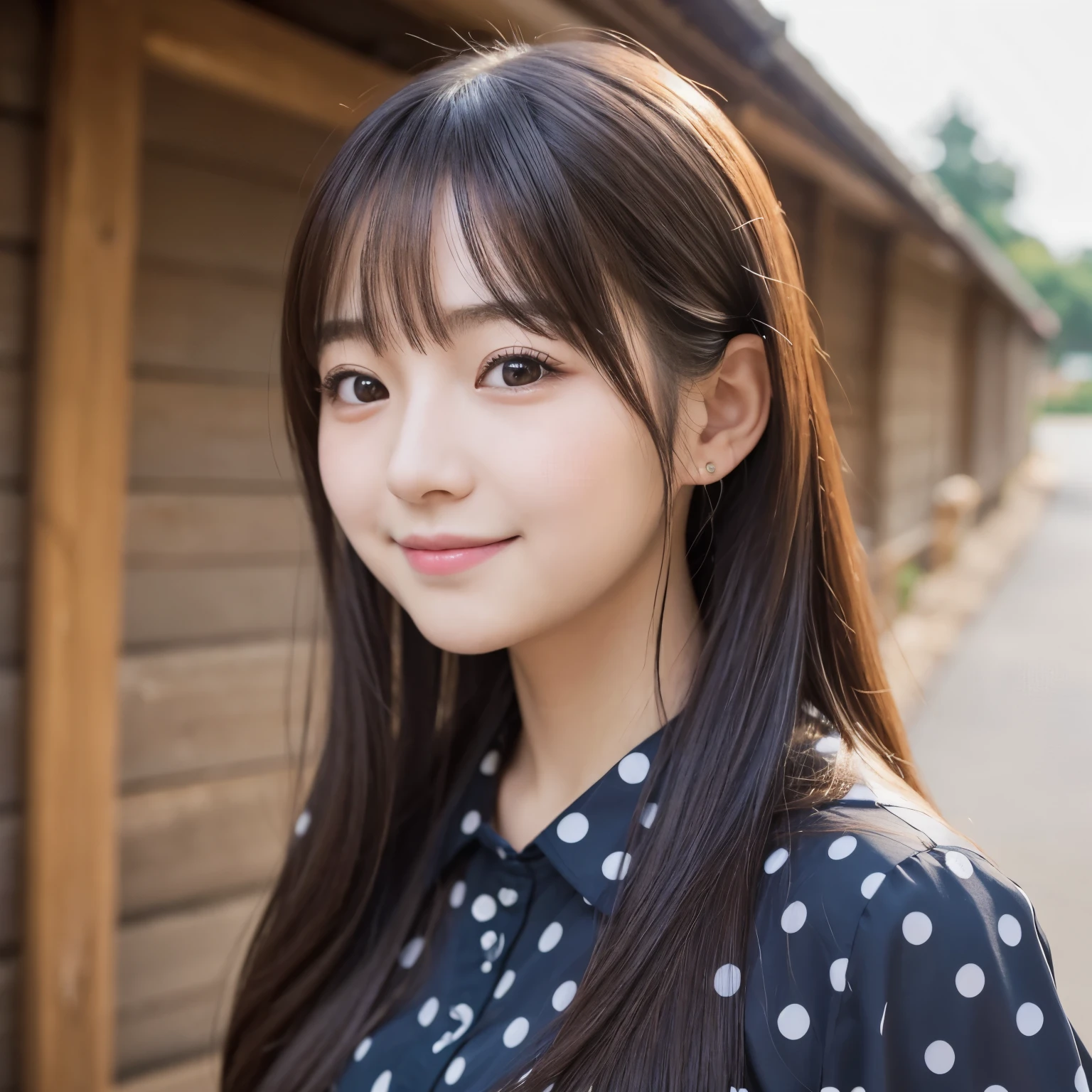 there is a woman with long hair wearing a polka dot shirt, 奈良美智, sakimichan, with small nose, chiho, with accurate face, cute natural anime face, japanese facial features, clear cute face, kawaii realistic portrait, asian face, 8k selfie photograph, soft makeup,smile