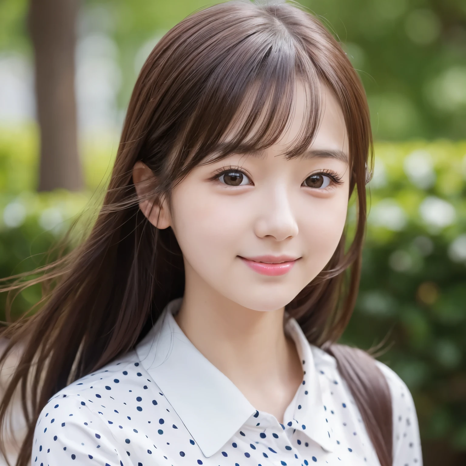there is a woman with long hair wearing a polka dot shirt, 奈良美智, sakimichan, with small nose, chiho, with accurate face, cute natural anime face, japanese facial features, clear cute face, kawaii realistic portrait, asian face, 8k selfie photograph, soft makeup,smile