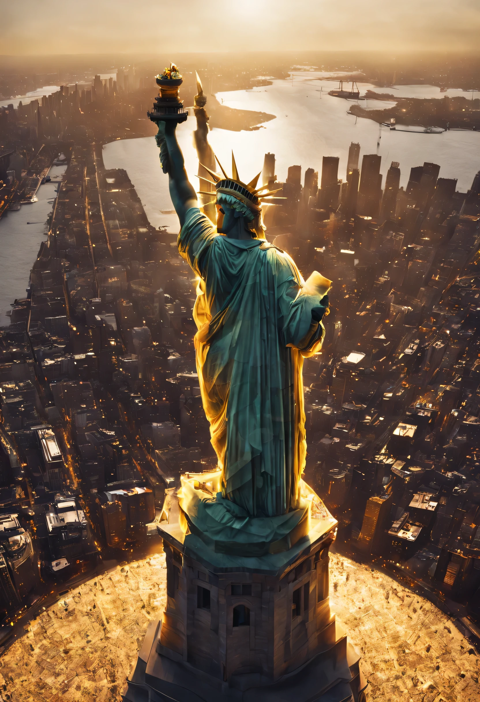 Illuminated Statue of Liberty high above the night city