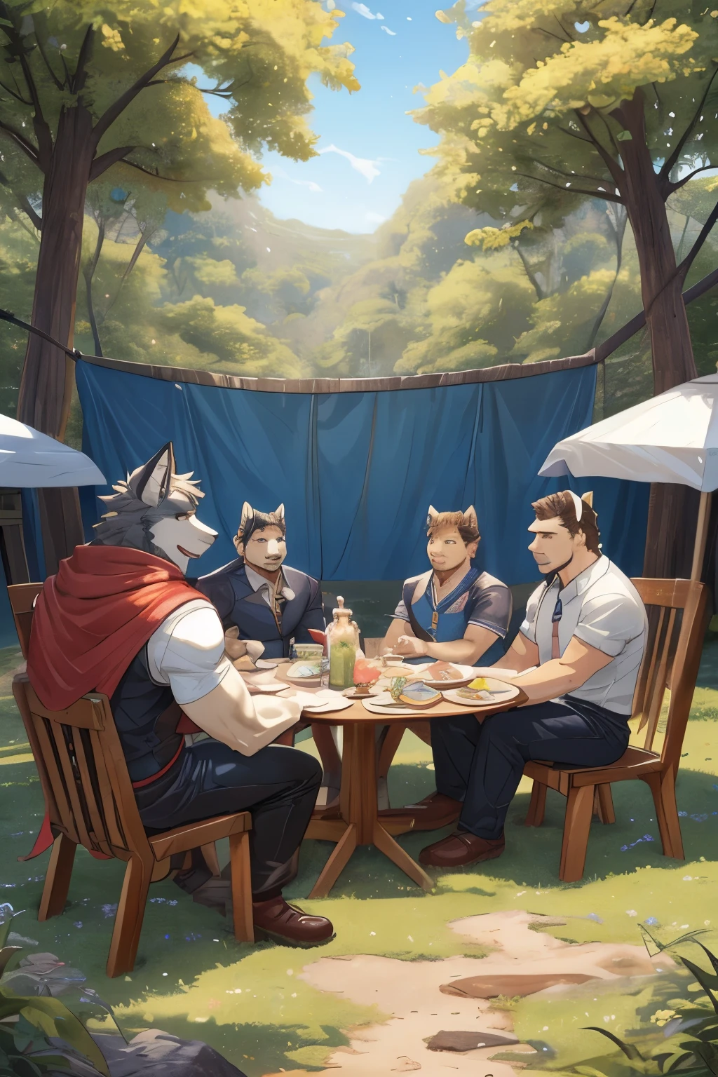 dynamic poses, ridiculous(Very detailed beautiful face and eyes)perfect anatomy, (Super detailed), sharp focus, Negi, eyes, black eyes, hairy, White beard, Humanity (Wolf), male, middle aged, white belly, muscular, Adventure costumes, High quality illustrations, Detailed background, picnic , sit on the floor, eating food, group picture, 6+boys, hapiness的, hapiness, (Photos taken with friends), (best quality), (masterpiece), high detail, Award-winning, high resolution, HD, 16k