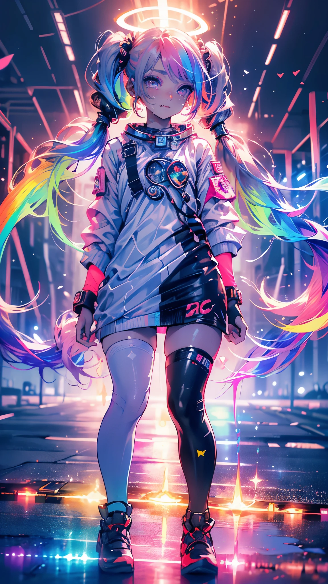 hair bobbles, wince, long eyelashes, solid circle eyes, light smile, ear blush, fang, (((rainbow hair))), makeup, blush, sad, sad smile, drop shadow, anaglyph, atmospheric perspective, 8k, super detail, accurate, best quality, (cyberpunk), bright lighting, masterpiece,1girll, ((((short twintails)))), Colorful hair, flying, pink bows,((16-year-old female model)), (angel halo) , eye level shot, (((astronaut))), (((wide shot))), ((((( color splash ))))), (((ltech savy)))