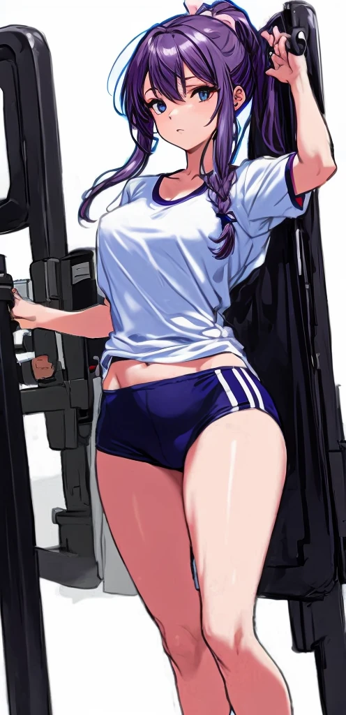 A beautiful woman with a mature face and long wisteria-purple hair tied in a ponytail with a pale pink ribbon.。White gym clothes。dark blue buruma。school playground。