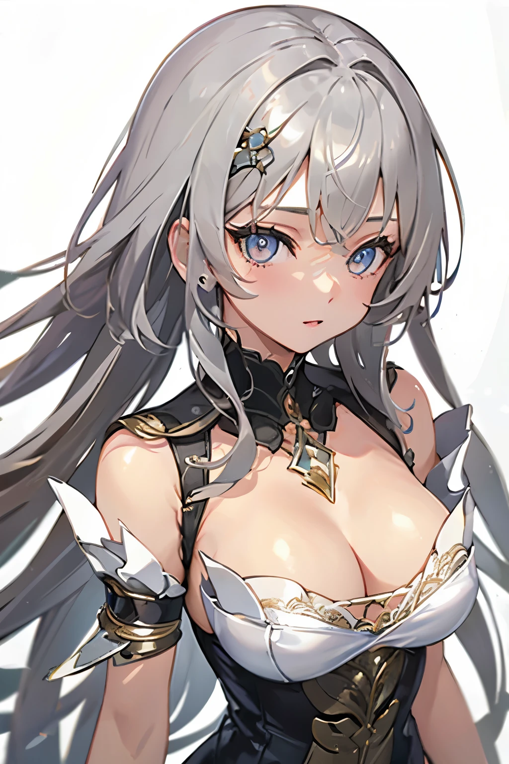 1girl, anime, cute girl, blank background, white background, fantasy, detailed dark fantasy dress with highlights, beautiful face, beautiful eyes, dark colors, silver hair, slightly small breasts, slight cleavage, beautiful skin, cute, breast curtains, extremely delicate and beautiful, (beautiful detailed face:1.0), (detailed deep eyes), symmetrical breasts, deep eyes, shiny skin, portrait, slender waist, hips wider than shoulders, thighs, young girl, expressionless, luminous eyes