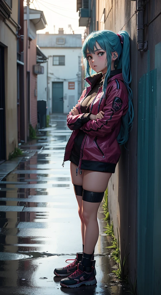 Anime style, 14 year old female facing forward leaning against wall crossed arms, 22 year old woman back towards viewer looking over shoulder, far from viewer, blue green hair, purple eyes, long hair, anatomically correct, full body image, beautiful body, naked, alleyway with red neon graffiti, heavy rainfall, soaking wet clothing and hair, dystopian cyberpunk city, drop shadow, film grain, vignetting, silhouette,