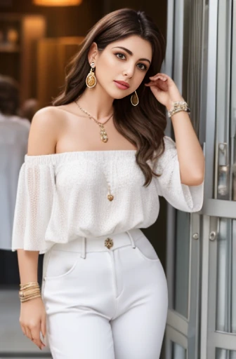 Lebanese woman, diamond dangling earrings, necklace, bracelets, small breasts, 40 years old, innocent face, white off-shoulder, pants, shirt