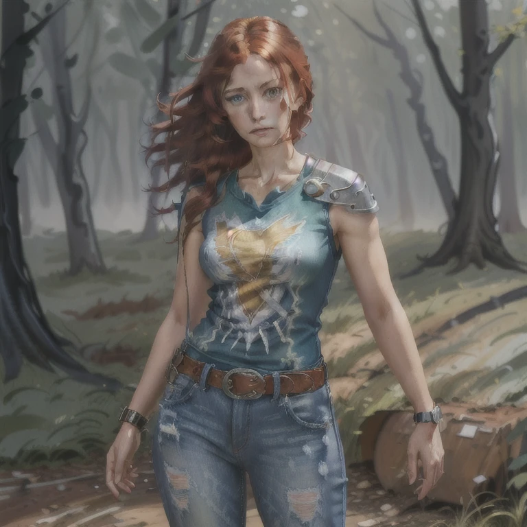 ((realistic)), upload on e621, by Garmash, female, (((detailed clothing))), ((defensive pose)), detailed realistic painting, (((shaded))) extreme detail, blue jeans, tennis shoes, T-shirt, blue jean jacket, red hair, ((shoulder length hair)), green irises, cautious expression, thundermagic, ((magic)), electric, 