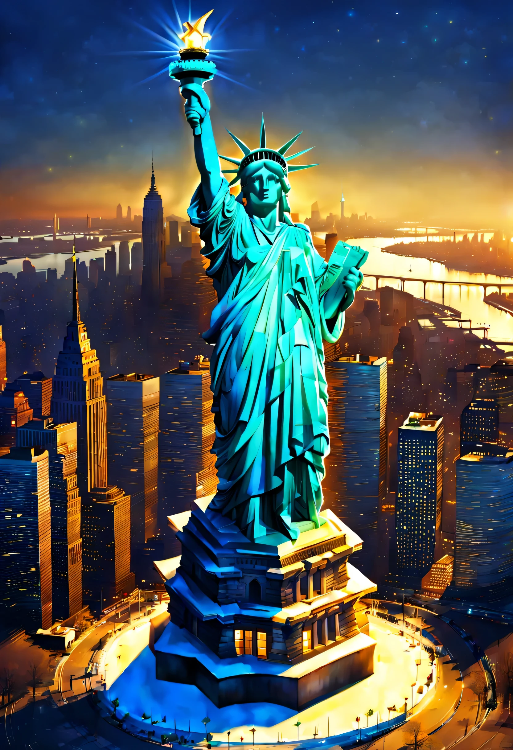 Illuminated Statue of Liberty high above the night city