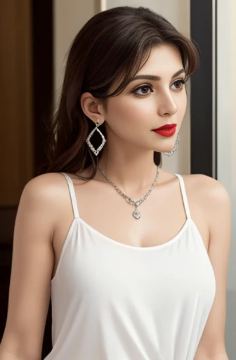 Lebanese woman, diamond dangling earrings, necklace, bracelets, small breasts, 40 years old, smokey eyes, red lips, innocent face, white home tank top, thin straps, camisole, pants, shirt