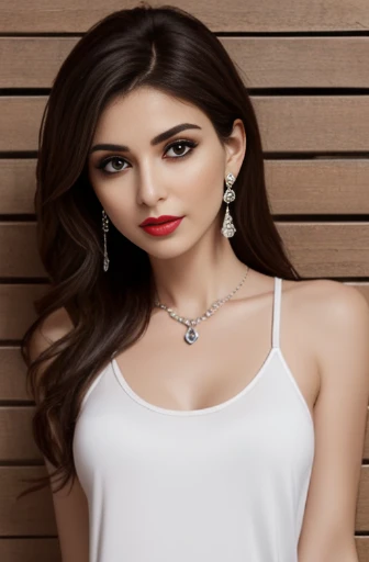 Lebanese woman, diamond dangling earrings, necklace, bracelets, small breasts, 40 years old, smokey eyes, red lips, innocent face, white home tank top, thin straps, camisole, pants, shirt