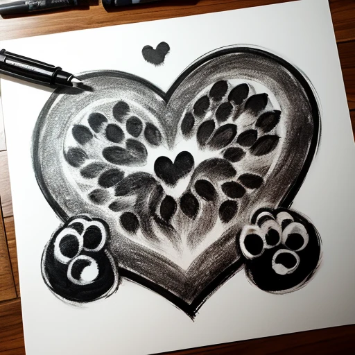 a black and white drawing of a heart shaped paw print, a tattoo, graffiti, paw art, furry paw art, paws, furry paw, marker, beautiful!, cat!!!!, heart
