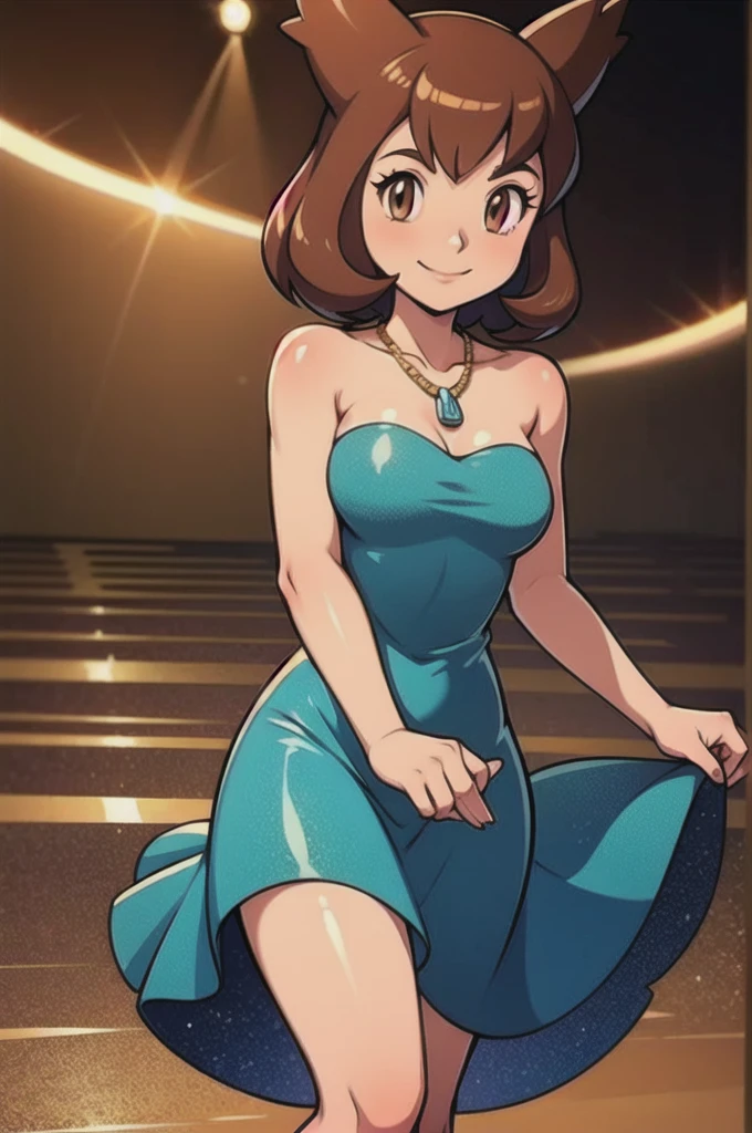 Bianca (pokemon heroes), 1 girl, brown hair, brown eyes, Bare Neck, Bare Arms, Bare Shoulders, A golden heart shape necklace, Sequin Dress, Blue Sequin Strapless Maxi Dress Long Skirt, Royal Ballroom Background, dance floor, cowboy shot, light smile, intricate details, sharp focus, high resolution, standing up, 
