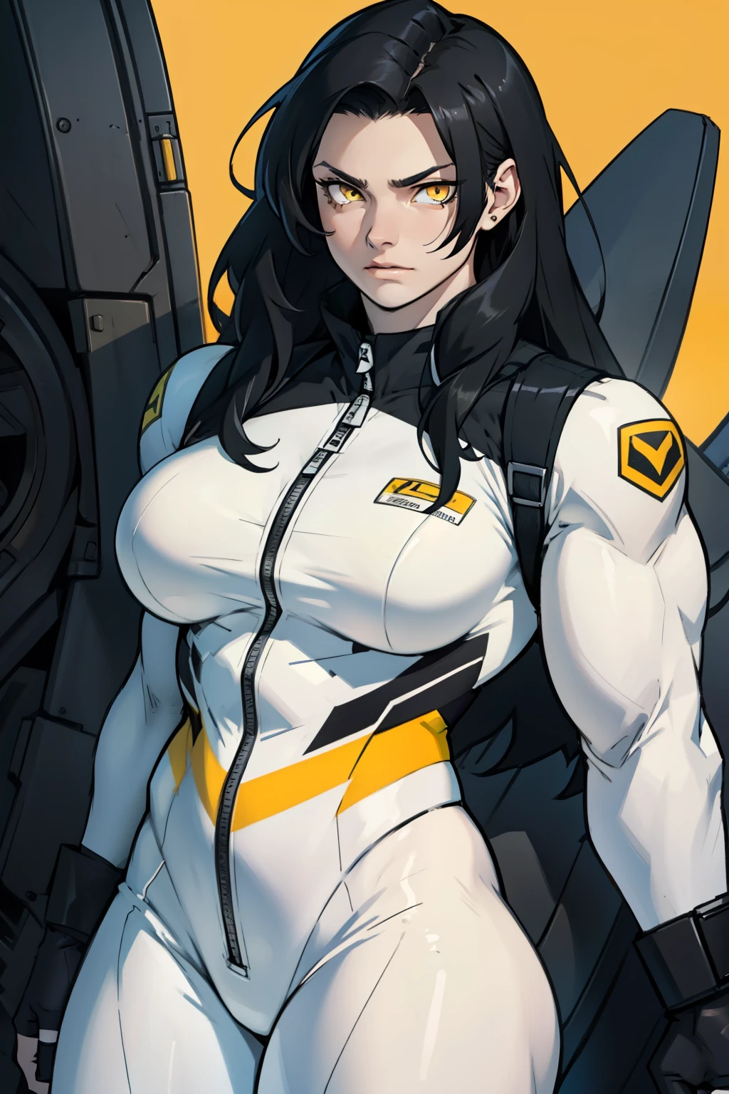 1 girl, black hair, yellow eyes, very long hair, pale skin, ((((extremely muscular)))), large breasts, (confident expression), pilot suit, close up