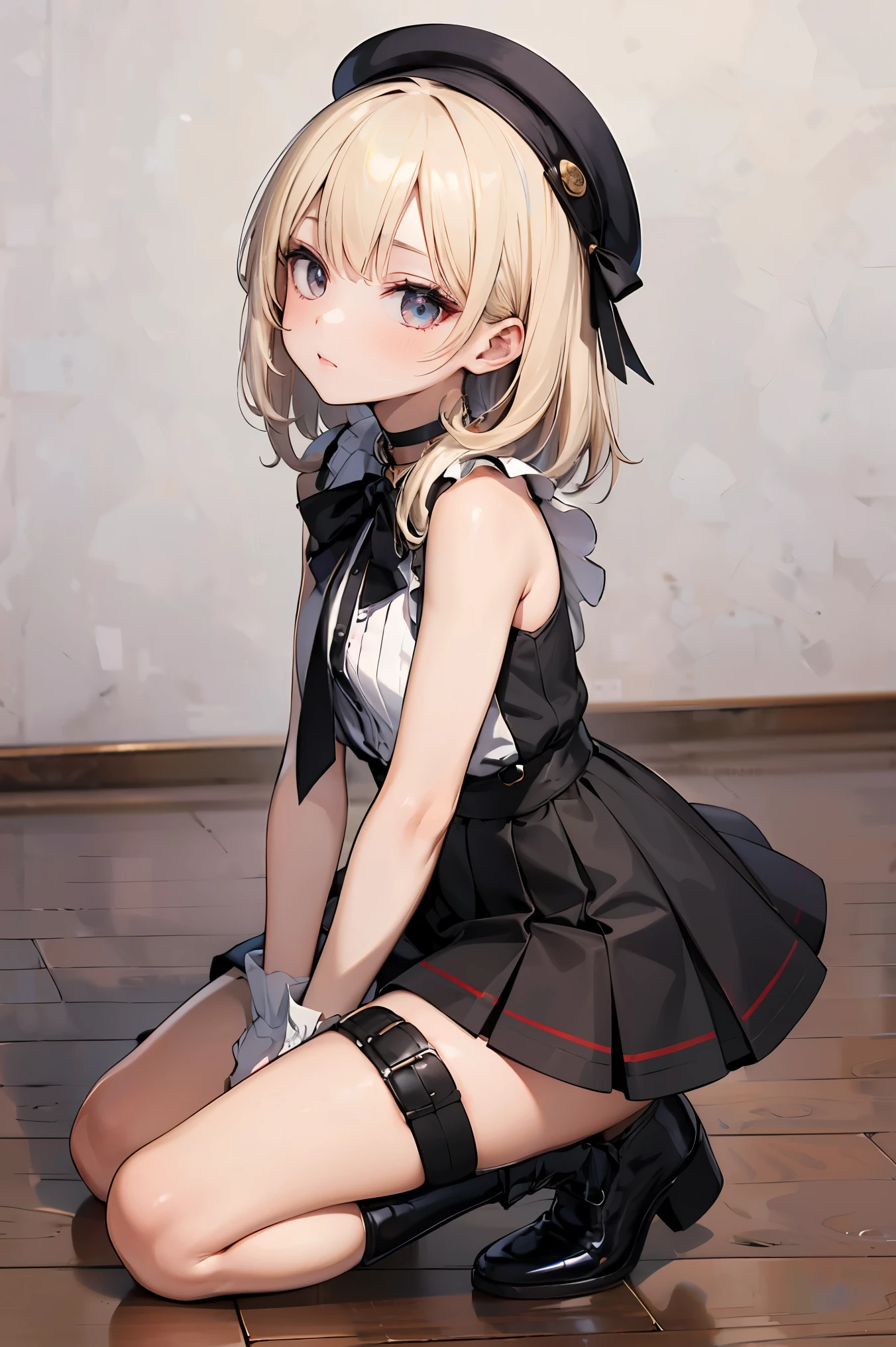 ((masterpiece, best quality, absurdres, highres, ultra detailed, high resolution, very fine 8KCG wallpapers)), 1 girl, solo, sleeveless white button shirt, black skirt, black choker, cute, (Kpop idol), (aegyo sal:1), (platinum blonde hair:1), ((puffy eyes)), looking at viewer, full body, facing front,
