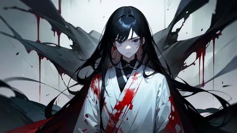 black hair、long hair、white skin、young、black eye、Expressionless、Leanness、male、one person、Blood、sharp look、