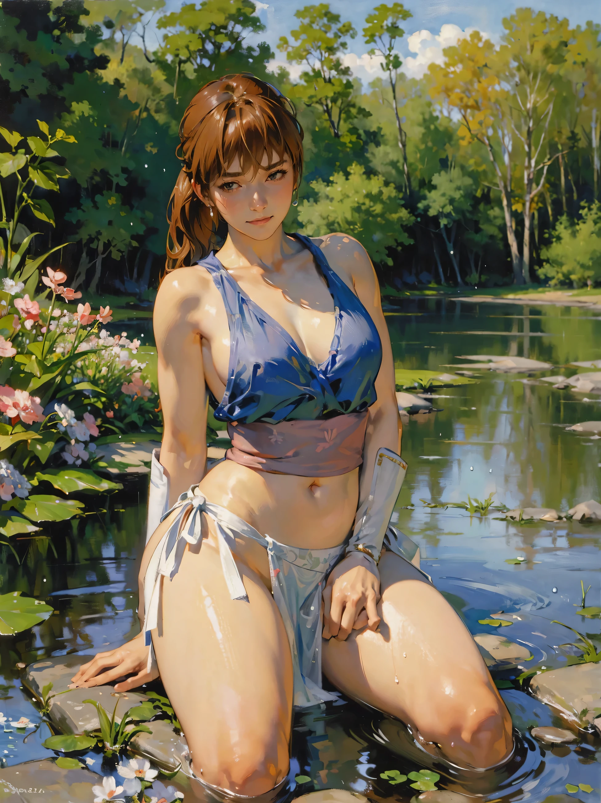 art by Carl Larsson:1.2,(post-Impressionist),monet color,stream,close shot,,the whole body,oil painting,(face upward:1.2),narrow waist,wide hips,thick thighs,Droplets,well,soft lighting,COOL,kasumi,long hair, ponytail,sensual pose:1.2,brown hair, long hair, ponytail, bare shoulders, arm guards, pelvic curtain