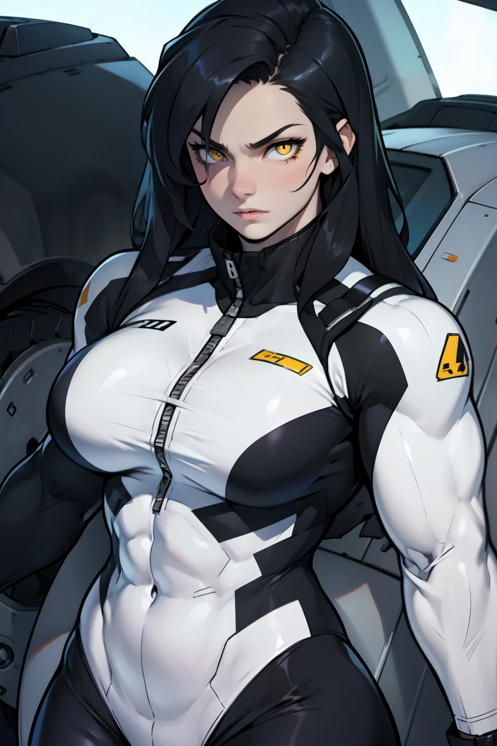 1 girl, black hair, yellow eyes, very long hair, pale skin, ((((extremely muscular)))), large breasts, (confident expression), pilot suit, close up
