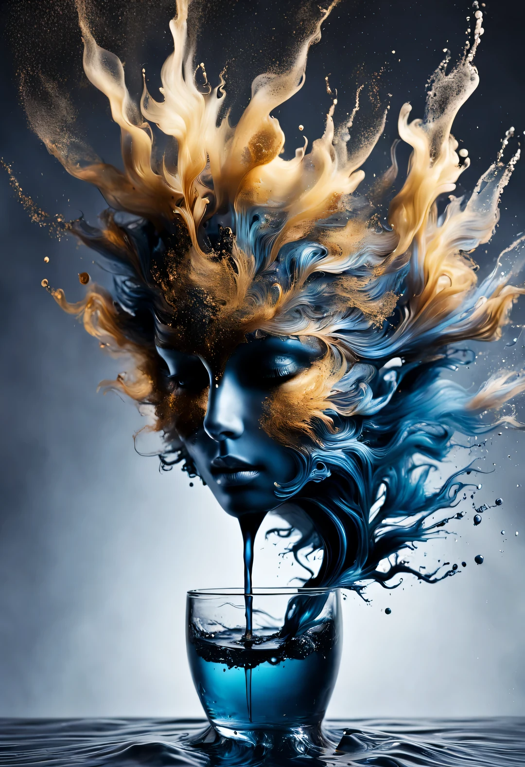 Pour ink containing metallic elements into water and photograph