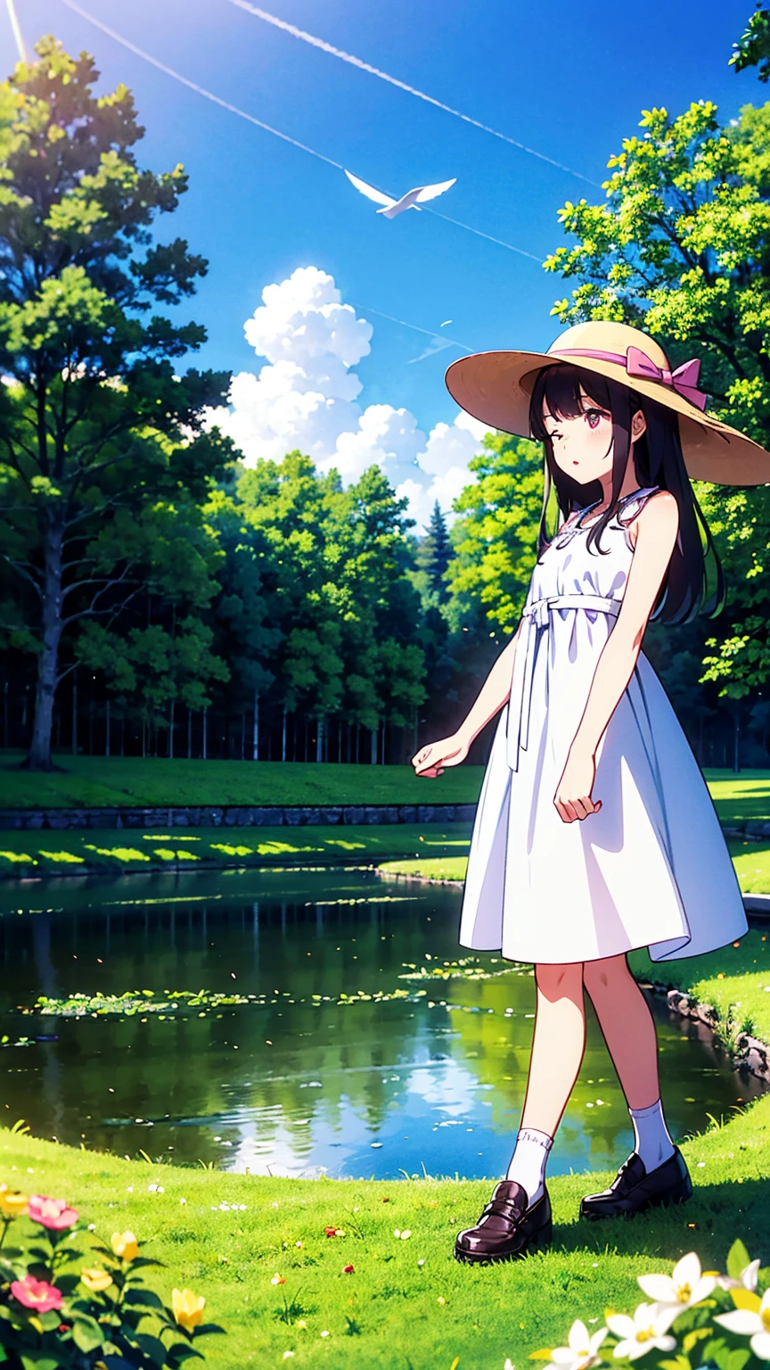 （Film portrait photography，Beautiful two-dimensional wallpapers）（Soft professional lighting，Tyndall effect:1.2，35mm film，Vision：1.3）（15 year old cute loli：1.6，Wearing a long white dress blown by the wind，Refined waist-hip ratio：1.6，White and long legs：1.3，small red lips：1.4，Wearing a bow and sun hat：1.4，cute white socks:1.3，French bangs:1.4，Double braid：1.2，Stand on the lawn with your eyes closed and your hands interlocked.：1.6）（flying birds：1.5，pond：1.4，Cherry tree：1.4，The picture is very neat ：1.5）